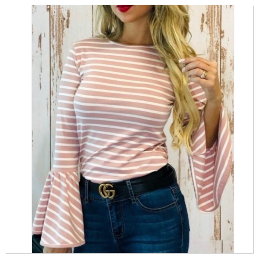 Pink Bell Sleeve Striped Top - Picture 5 of 6
